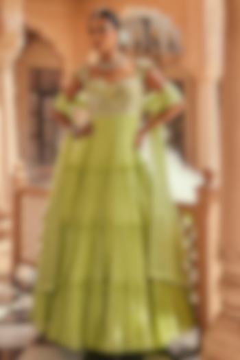 Apple Green Raw Silk & Chinon Chiffon Floral Embroidered Wedding Anarkali Set by Anu Pellakuru at Pernia's Pop Up Shop