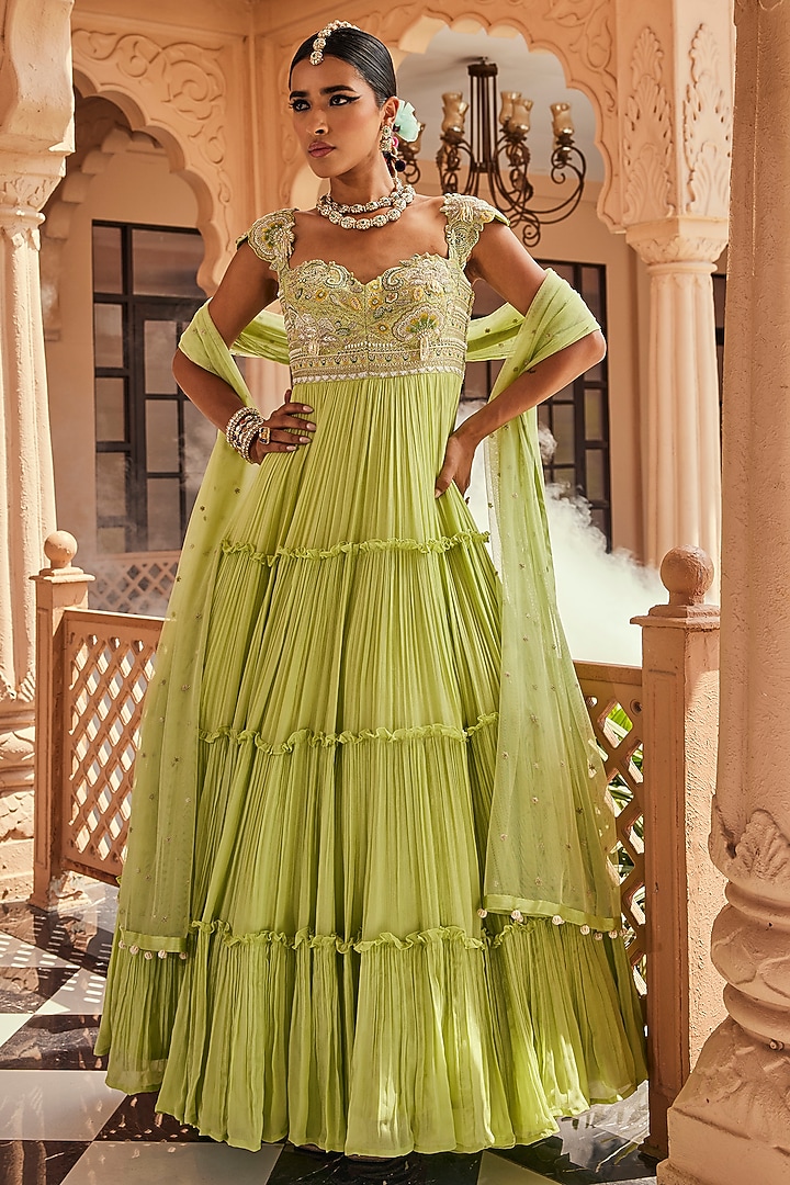 Apple Green Raw Silk & Chinon Chiffon Floral Embroidered Wedding Anarkali Set by Anu Pellakuru at Pernia's Pop Up Shop