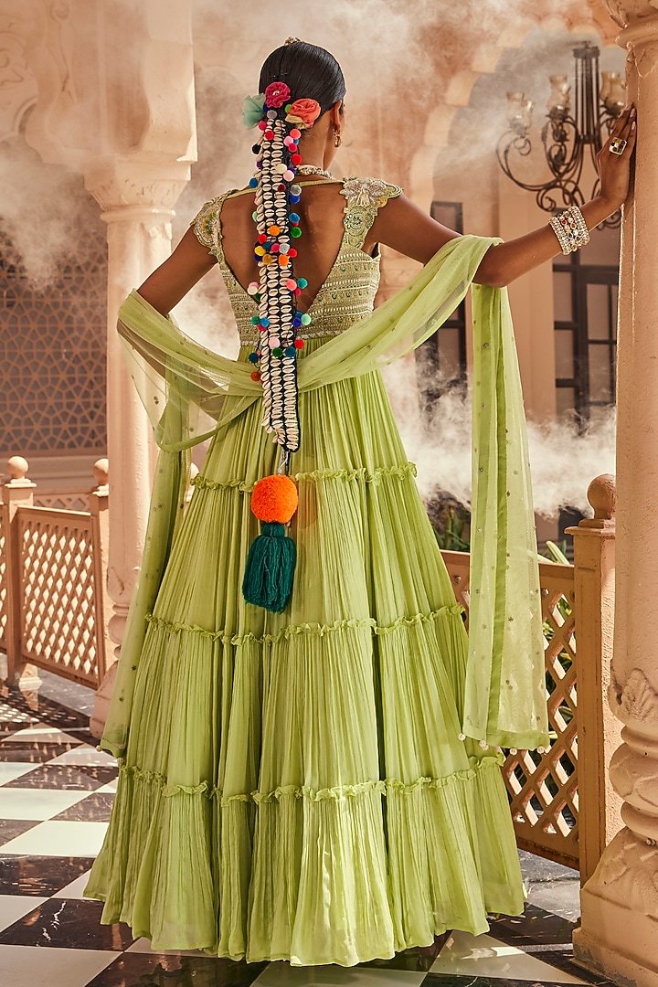 Apple Green Raw Silk & Chinon Chiffon Floral Embroidered Wedding Anarkali Set by Anu Pellakuru at Pernia's Pop Up Shop