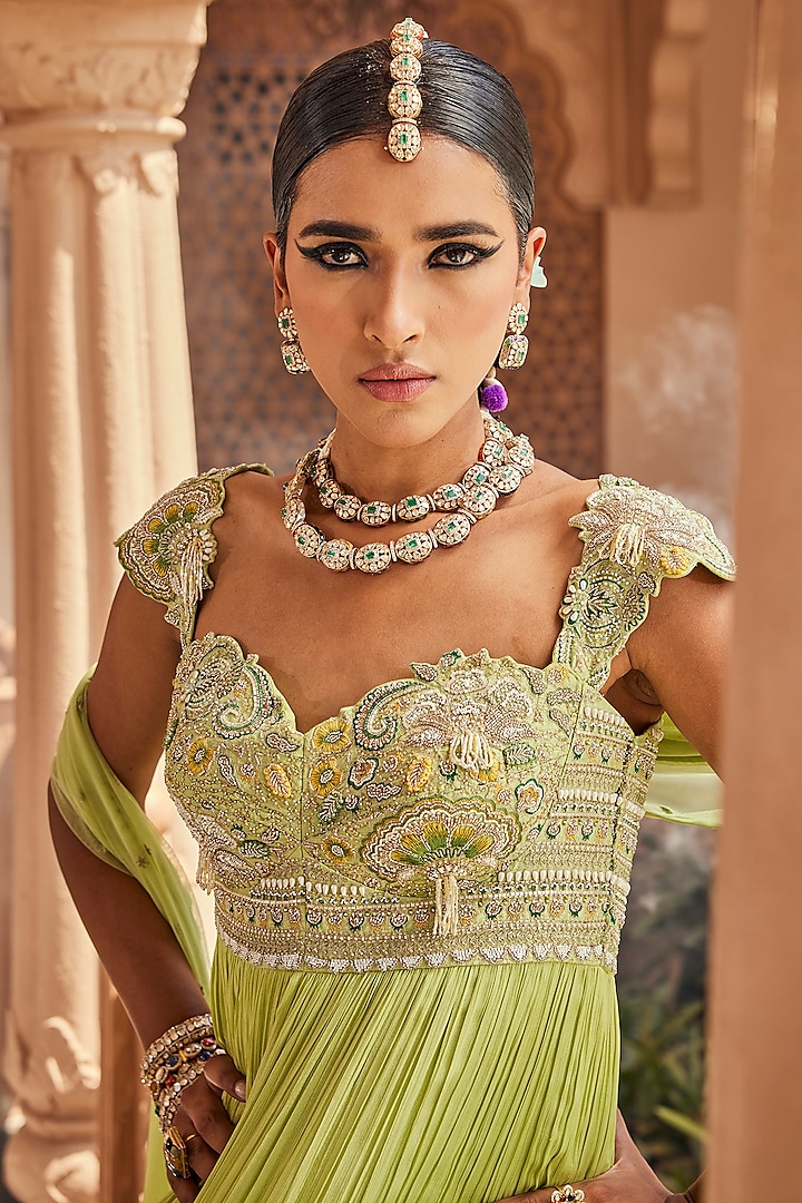 Apple Green Raw Silk & Chinon Chiffon Floral Embroidered Wedding Anarkali Set by Anu Pellakuru at Pernia's Pop Up Shop