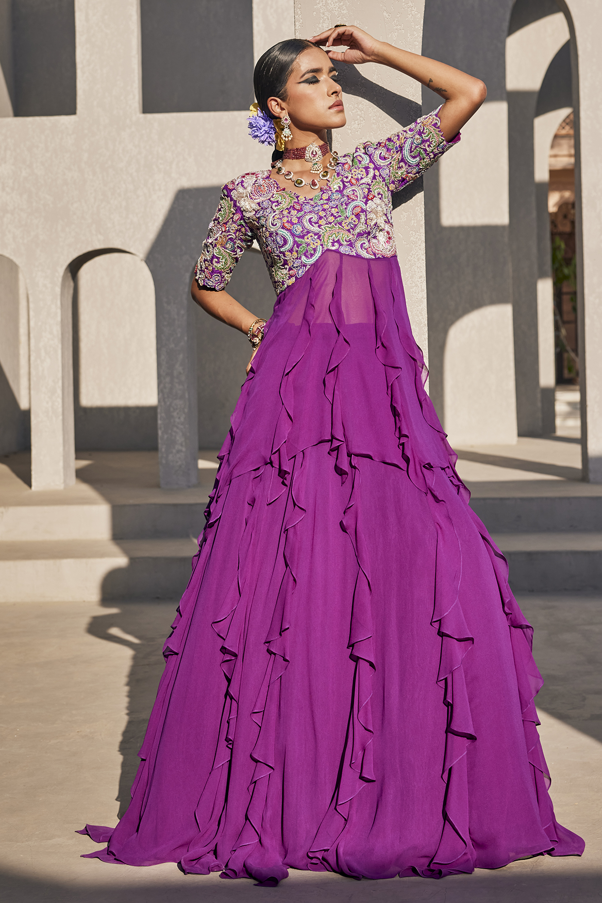 Bright Purple Georgette Ruffled Wedding Lehenga Set by Anu Pellakuru at Pernia's Pop Up Shop