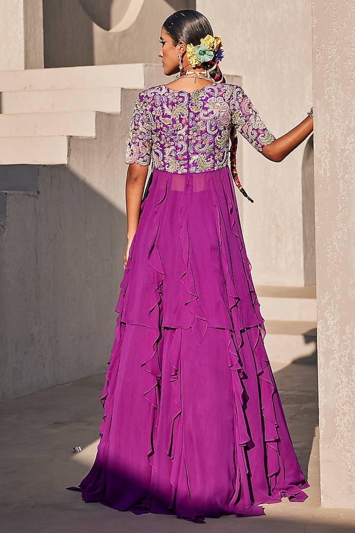 Bright Purple Georgette Ruffled Wedding Lehenga Set by Anu Pellakuru at Pernia's Pop Up Shop