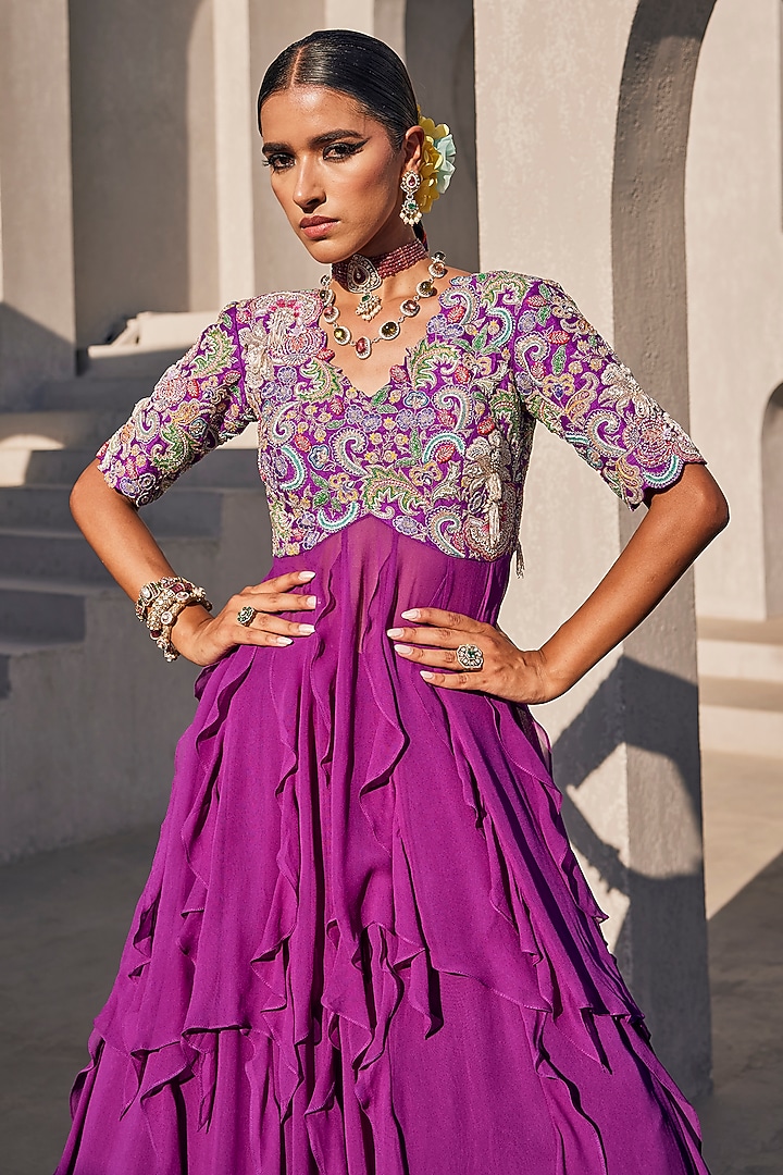 Bright Purple Georgette Ruffled Wedding Lehenga Set by Anu Pellakuru at Pernia's Pop Up Shop
