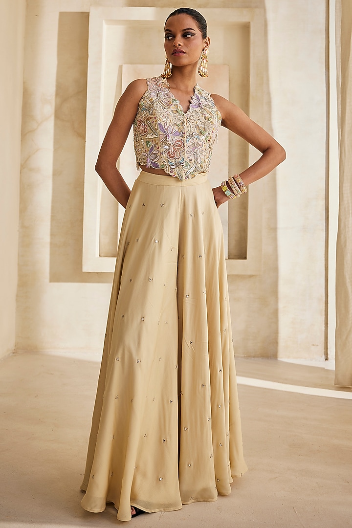 Butter Yellow Satin Chiffon Palazzo Set by Anu Pellakuru at Pernia's Pop Up Shop