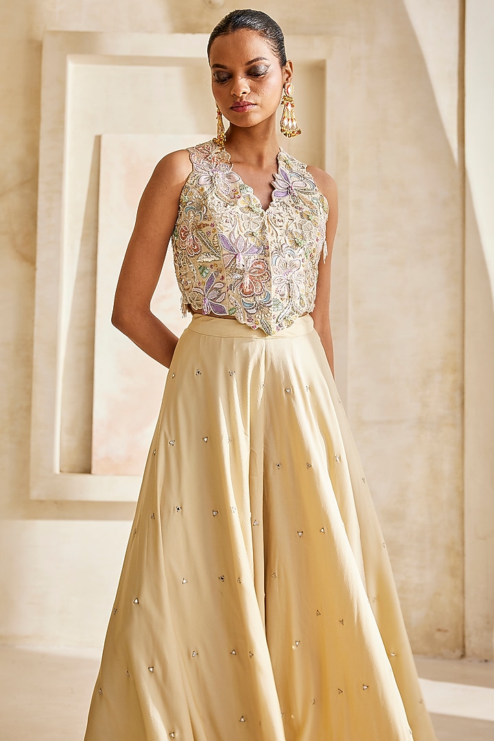Butter Yellow Satin Chiffon Palazzo Set by Anu Pellakuru at Pernia's Pop Up Shop