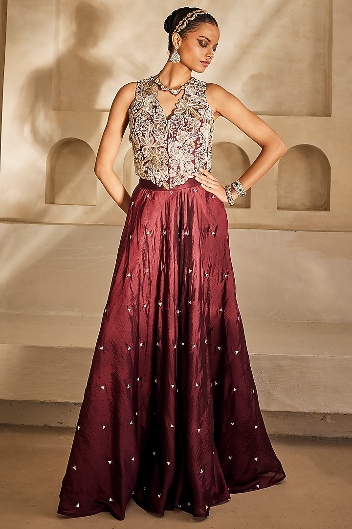 Marsala-Colored Silk Organza Palazzo Set by Anu Pellakuru at Pernia's Pop Up Shop