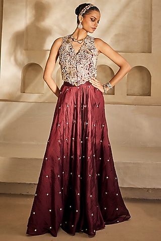 Marsala-Colored Silk Organza Palazzo Set by Anu Pellakuru