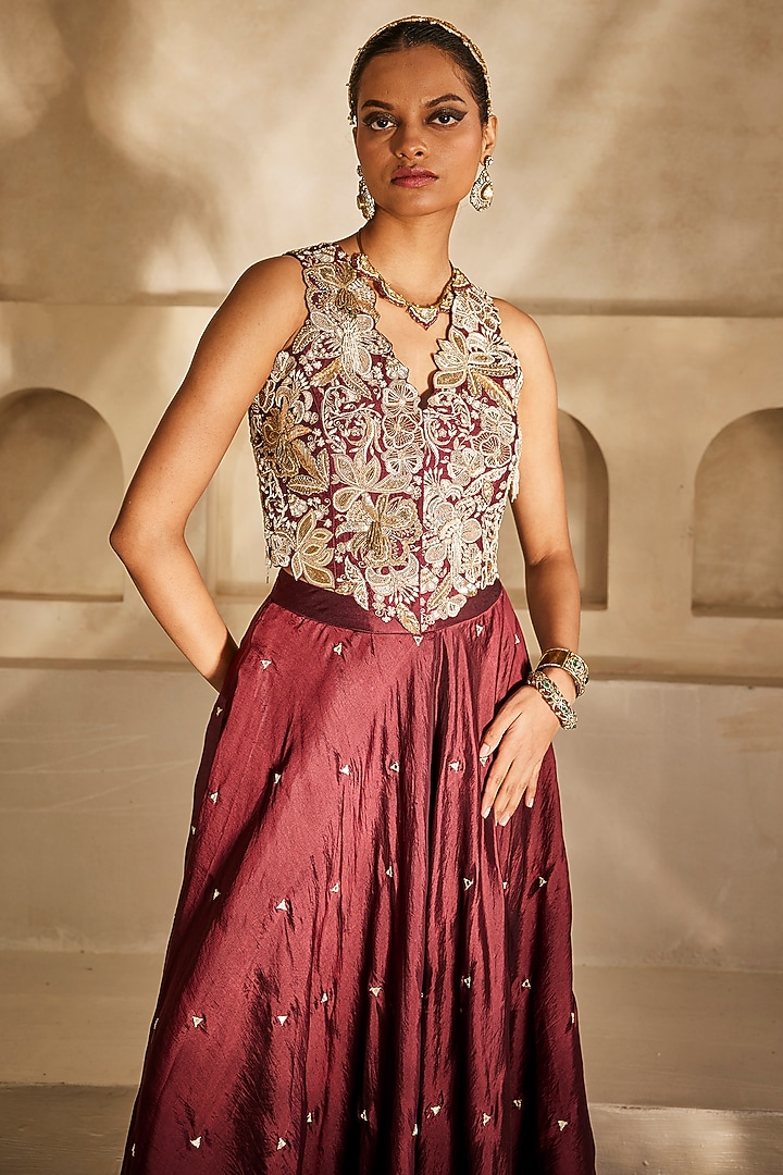 Marsala-Colored Silk Organza Palazzo Set by Anu Pellakuru at Pernia's Pop Up Shop