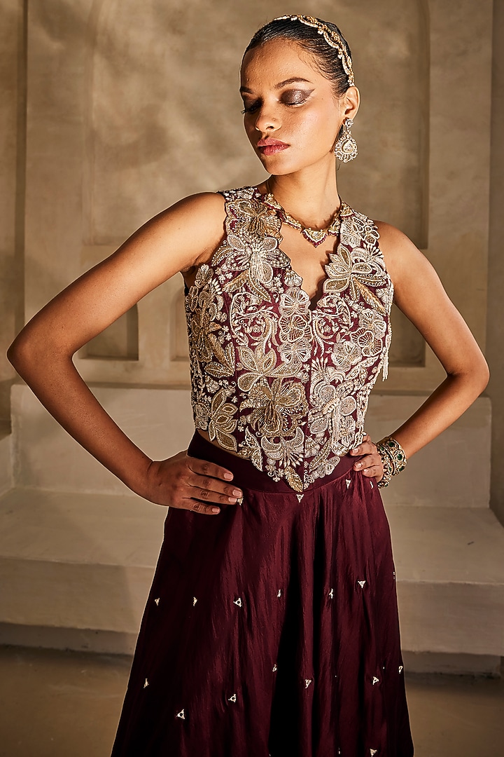Marsala-Colored Silk Organza Palazzo Set by Anu Pellakuru at Pernia's Pop Up Shop