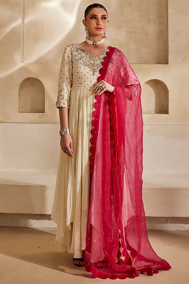 Off-White Chinon Chiffon Floral Embroidered High-Low Wedding Anarkali Set by Anu Pellakuru at Pernia's Pop Up Shop