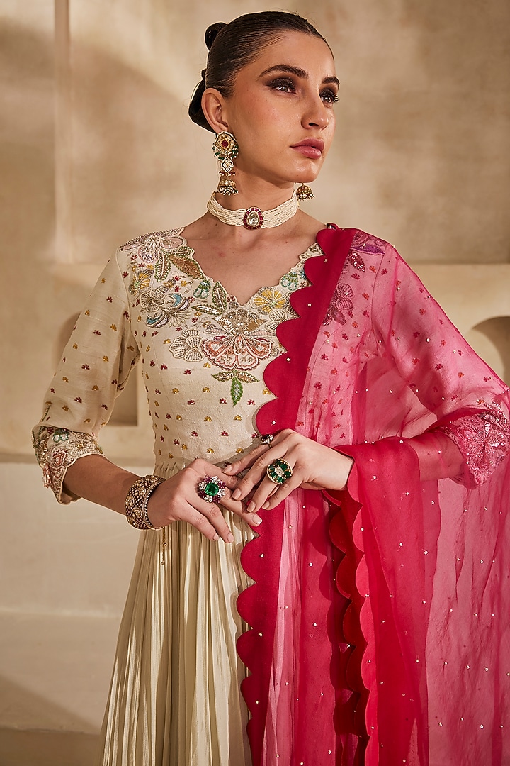 Off-White Chinon Chiffon Floral Embroidered High-Low Wedding Anarkali Set by Anu Pellakuru at Pernia's Pop Up Shop