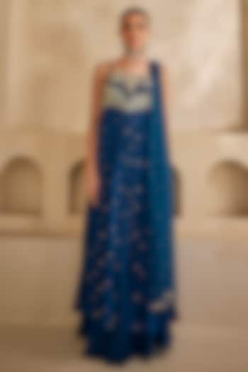 Deep Sea Blue Raw Silk Resham Embroidered High-Low Wedding Anarkali Set by Anu Pellakuru at Pernia's Pop Up Shop