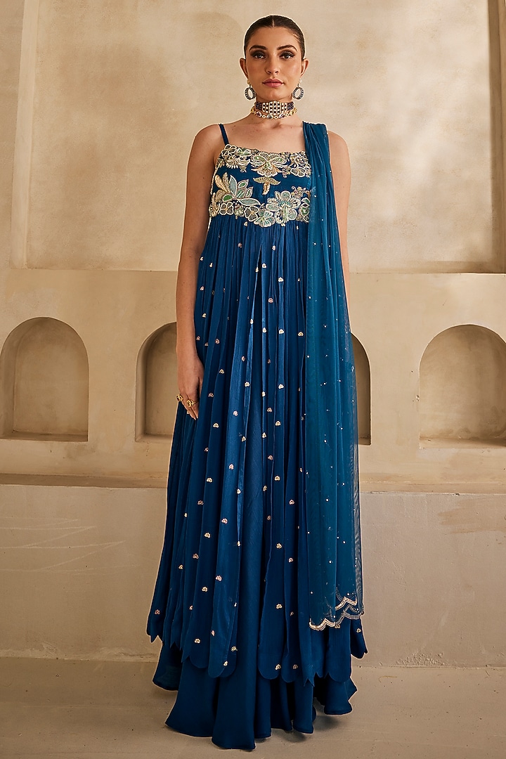 Deep Sea Blue Raw Silk Resham Embroidered High-Low Wedding Anarkali Set by Anu Pellakuru at Pernia's Pop Up Shop