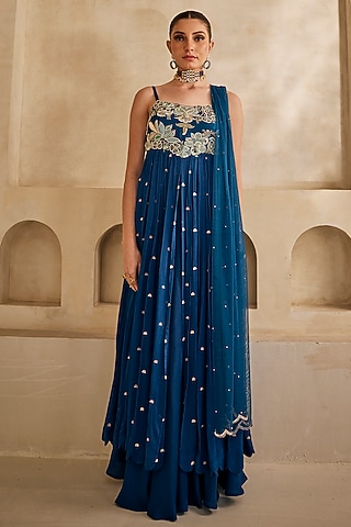 Deep Sea Blue Raw Silk Resham Embroidered High-Low Anarkali Set by Anu Pellakuru