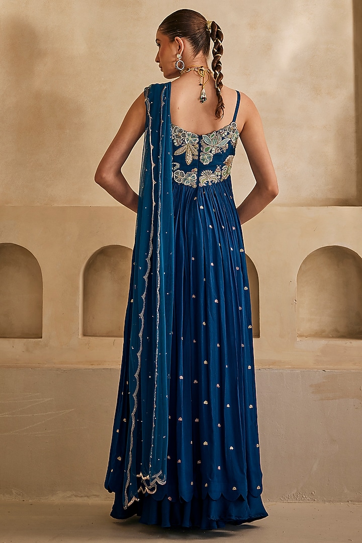 Deep Sea Blue Raw Silk Resham Embroidered High-Low Wedding Anarkali Set by Anu Pellakuru at Pernia's Pop Up Shop