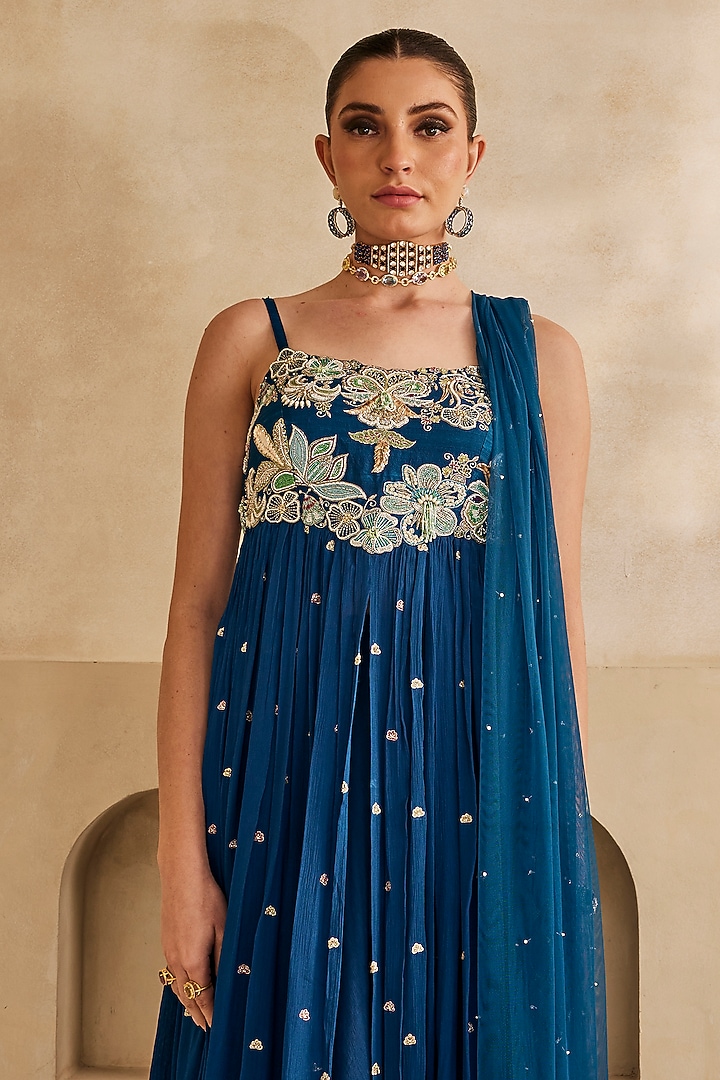 Deep Sea Blue Raw Silk Resham Embroidered High-Low Wedding Anarkali Set by Anu Pellakuru at Pernia's Pop Up Shop
