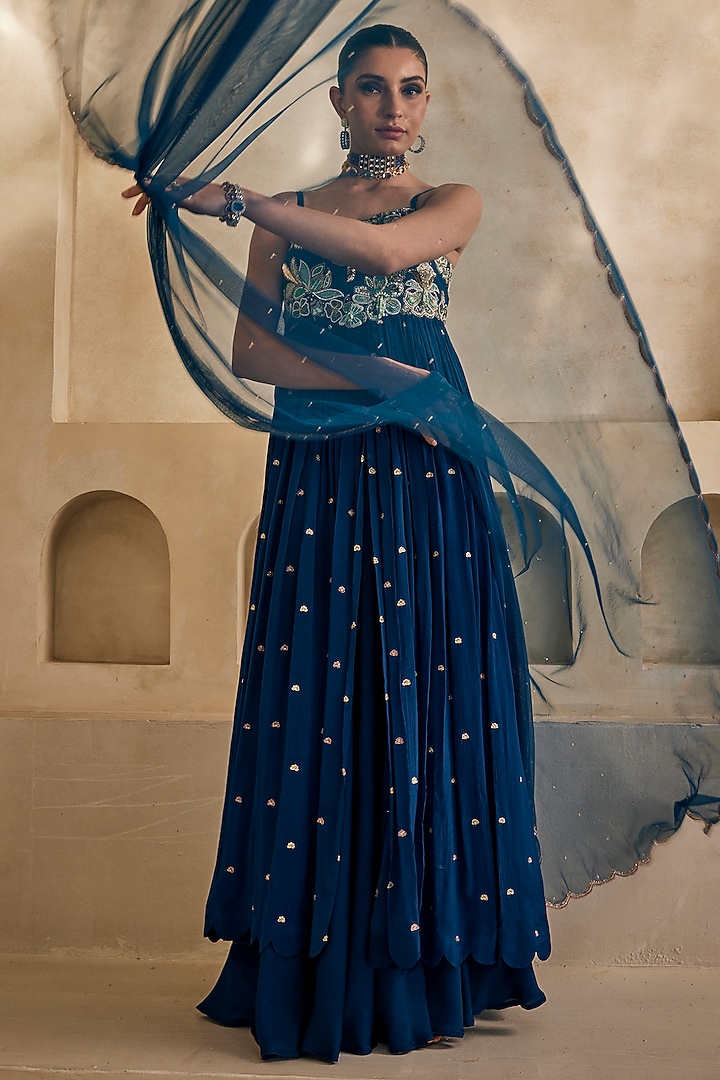 Deep Sea Blue Raw Silk Resham Embroidered High-Low Wedding Anarkali Set by Anu Pellakuru at Pernia's Pop Up Shop