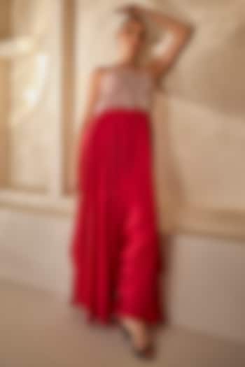 Raspberry Red Satin Chiffon Resham Work Jumpsuit by Anu Pellakuru at Pernia's Pop Up Shop