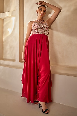 Raspberry Red Satin Chiffon Resham Work Jumpsuit by Anu Pellakuru