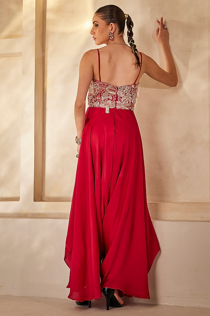 Raspberry Red Satin Chiffon Resham Work Jumpsuit by Anu Pellakuru at Pernia's Pop Up Shop