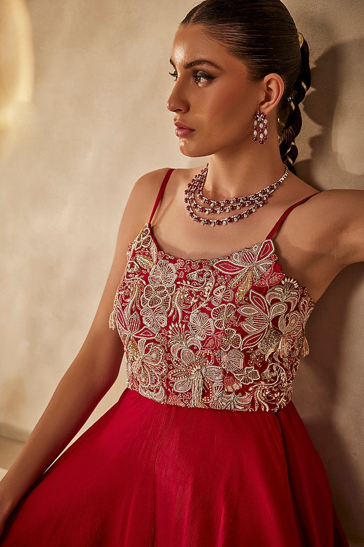 Raspberry Red Satin Chiffon Resham Work Jumpsuit by Anu Pellakuru at Pernia's Pop Up Shop
