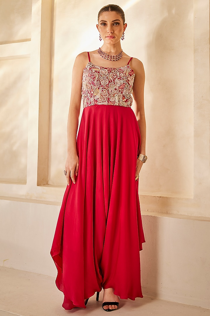 Raspberry Red Satin Chiffon Resham Work Jumpsuit by Anu Pellakuru at Pernia's Pop Up Shop