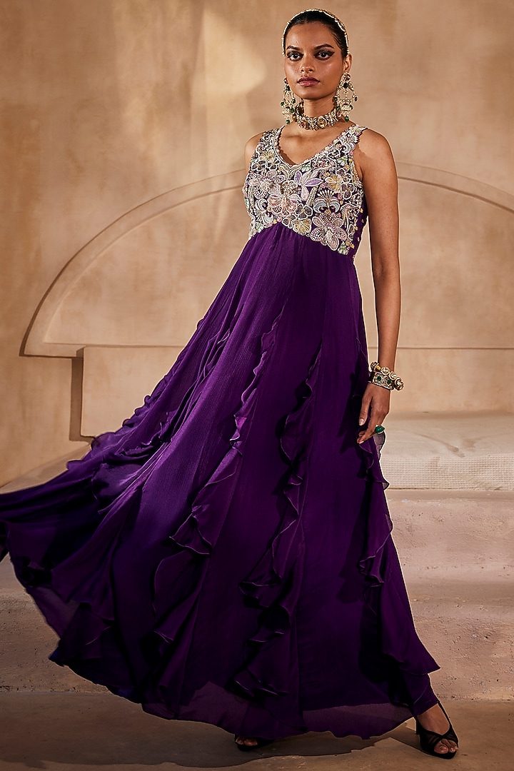Deep Purple Chinon Chiffon Ruffled Engagement Gown by Anu Pellakuru at Pernia's Pop Up Shop