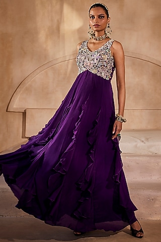 Deep Purple Chinon Chiffon Ruffled Gown by Anu Pellakuru