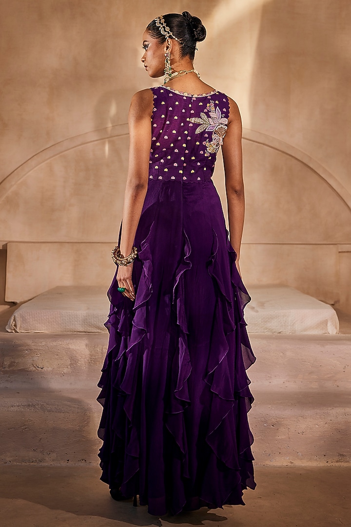 Deep Purple Chinon Chiffon Ruffled Engagement Gown by Anu Pellakuru at Pernia's Pop Up Shop