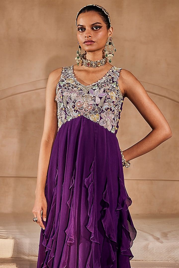 Deep Purple Chinon Chiffon Ruffled Engagement Gown by Anu Pellakuru at Pernia's Pop Up Shop