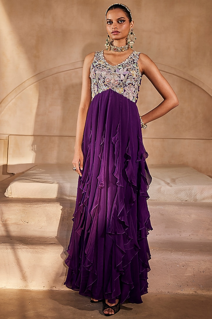 Deep Purple Chinon Chiffon Ruffled Engagement Gown by Anu Pellakuru at Pernia's Pop Up Shop