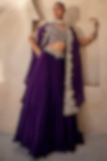 Deep Purple Chinon Chiffon Floral Embroidered Wedding Lehenga Set by Anu Pellakuru at Pernia's Pop Up Shop
