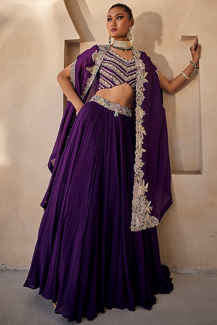 Deep Purple Chinon Chiffon Floral Embroidered Wedding Lehenga Set by Anu Pellakuru at Pernia's Pop Up Shop