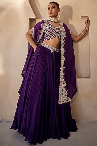 Deep Purple Chinon Chiffon Floral Embroidered Lehenga Set by Anu Pellakuru