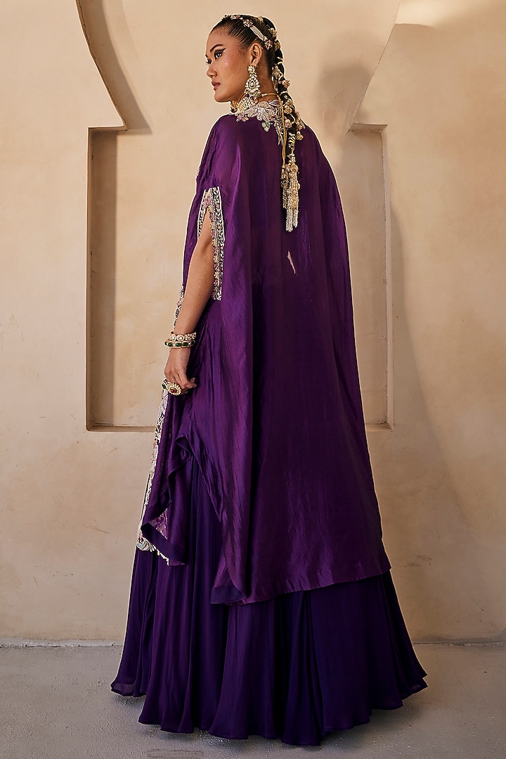 Deep Purple Chinon Chiffon Floral Embroidered Wedding Lehenga Set by Anu Pellakuru at Pernia's Pop Up Shop
