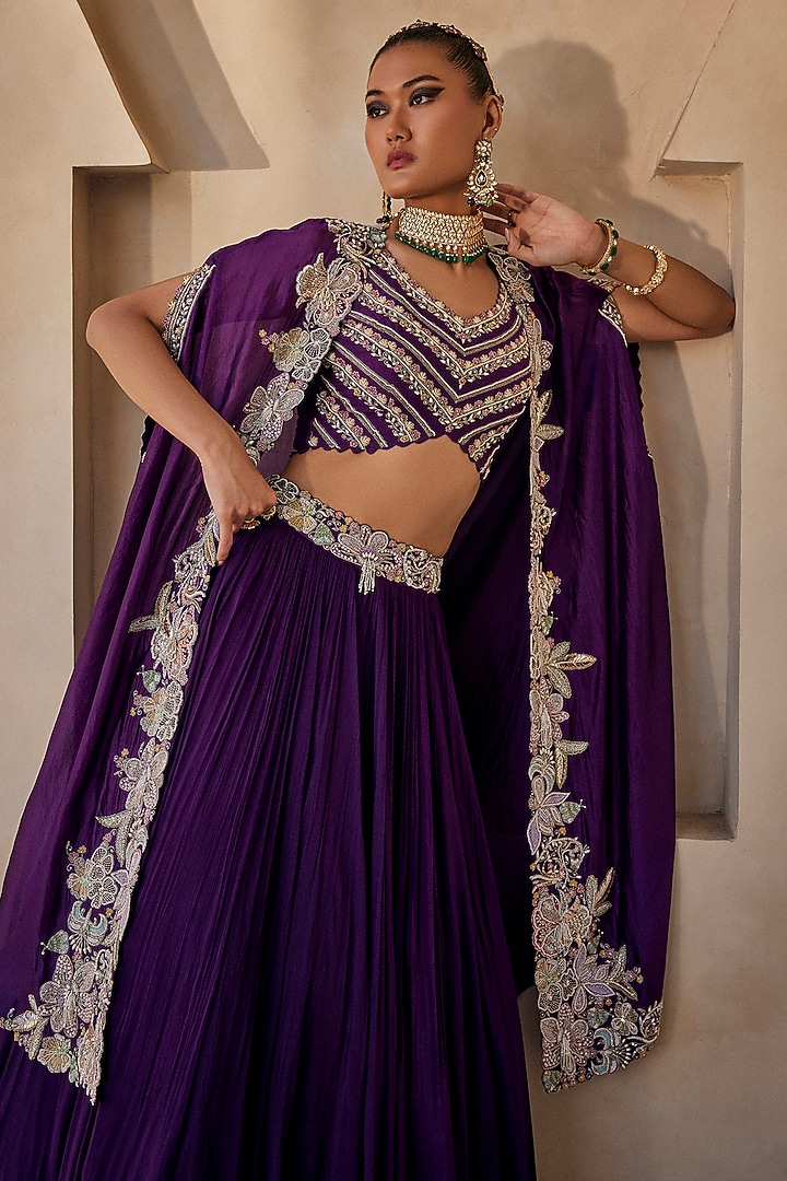 Deep Purple Chinon Chiffon Floral Embroidered Wedding Lehenga Set by Anu Pellakuru at Pernia's Pop Up Shop