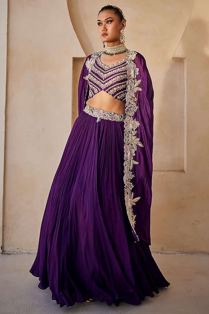 Deep Purple Chinon Chiffon Floral Embroidered Wedding Lehenga Set by Anu Pellakuru at Pernia's Pop Up Shop