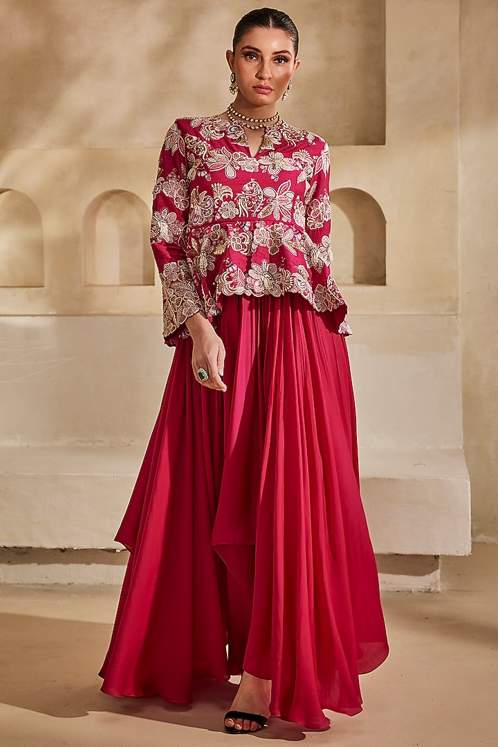Hot pink Satin Chiffon Structured High-Low Wedding Gown by Anu Pellakuru at Pernia's Pop Up Shop
