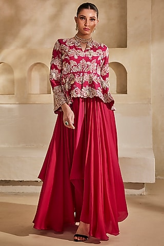 Hot pink Satin Chiffon Structured High-Low Gown by Anu Pellakuru