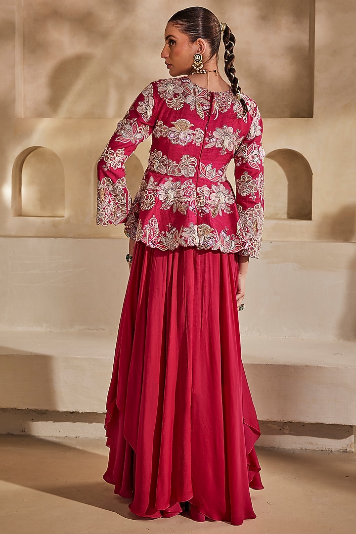 Hot pink Satin Chiffon Structured High-Low Wedding Gown by Anu Pellakuru at Pernia's Pop Up Shop