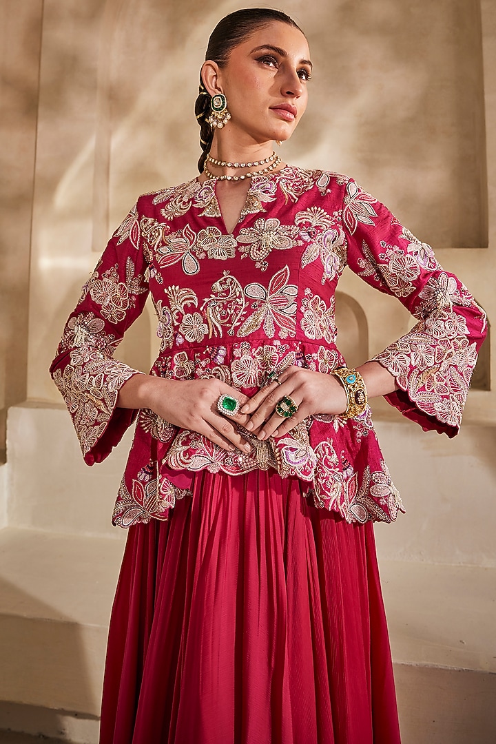 Hot pink Satin Chiffon Structured High-Low Wedding Gown by Anu Pellakuru at Pernia's Pop Up Shop