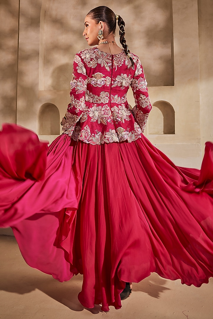 Hot pink Satin Chiffon Structured High-Low Wedding Gown by Anu Pellakuru at Pernia's Pop Up Shop