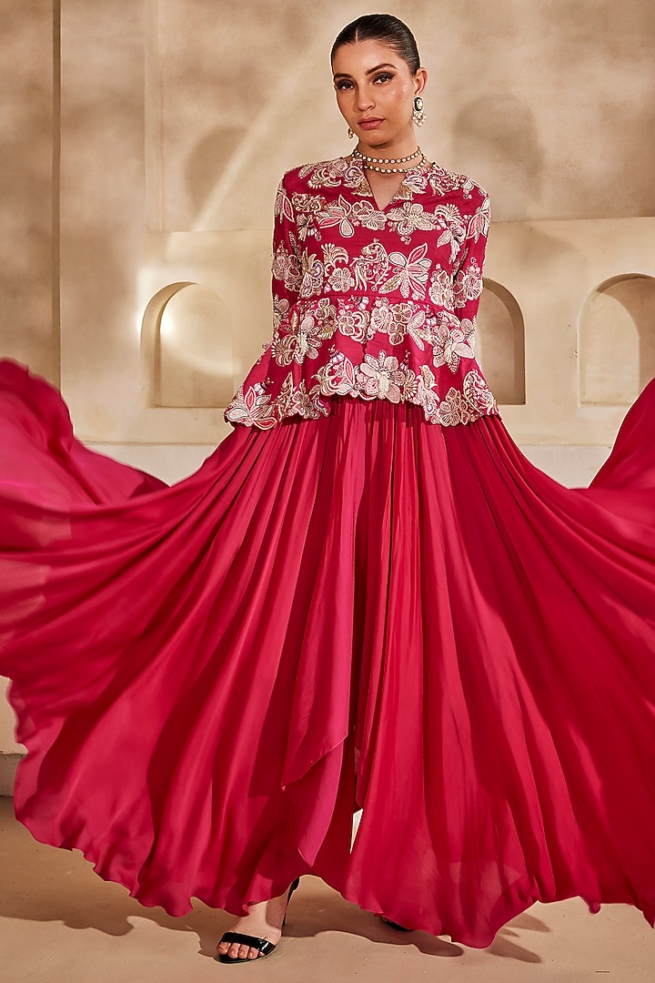 Hot pink Satin Chiffon Structured High-Low Wedding Gown by Anu Pellakuru at Pernia's Pop Up Shop