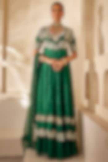 Emerald Green Raw silk Floral Embellished Bridal Anarkali Set by Anu Pellakuru at Pernia's Pop Up Shop
