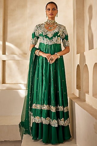 Emerald Green Raw silk Floral Embellished Anarkali Set by Anu Pellakuru