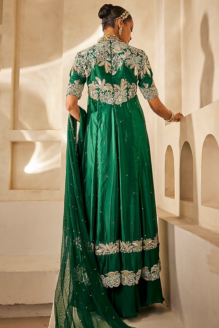 Emerald Green Raw silk Floral Embellished Bridal Anarkali Set by Anu Pellakuru at Pernia's Pop Up Shop