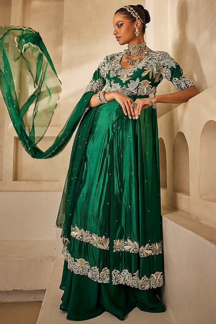 Emerald Green Raw silk Floral Embellished Bridal Anarkali Set by Anu Pellakuru at Pernia's Pop Up Shop