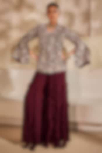 Marsala-Colored Georgette Ruffled Palazzo Set by Anu Pellakuru at Pernia's Pop Up Shop