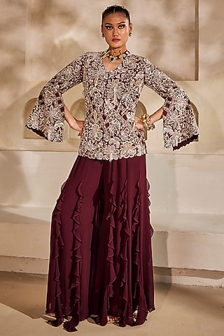 Marsala-Colored Georgette Ruffled Palazzo Set by Anu Pellakuru