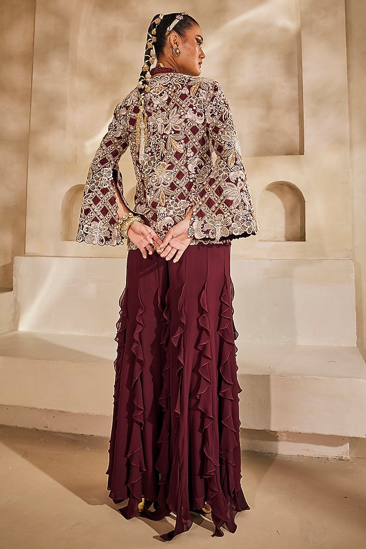 Marsala-Colored Georgette Ruffled Palazzo Set by Anu Pellakuru at Pernia's Pop Up Shop
